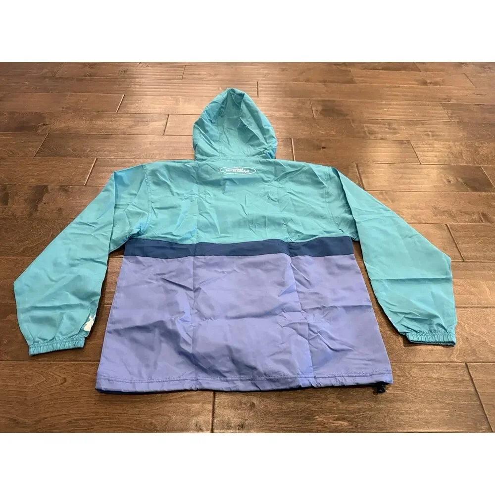 Dutch Bros Mens Blue Teal Yellow Hooded Windbreaker Retro Jacket Size M Medium
